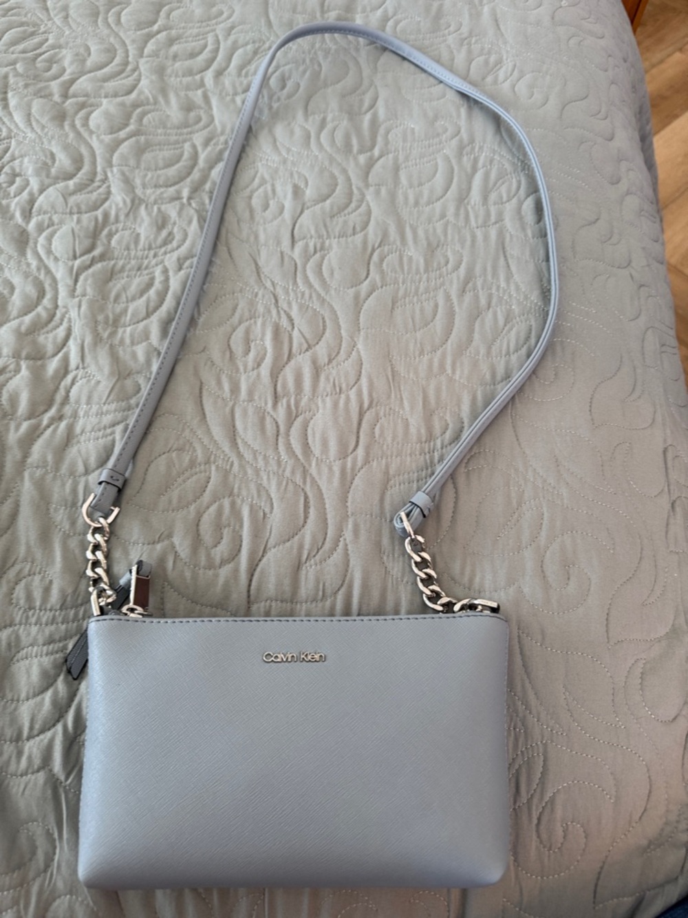 Calvin Klein Pale Blue Crossbody Bag with Silver Chain